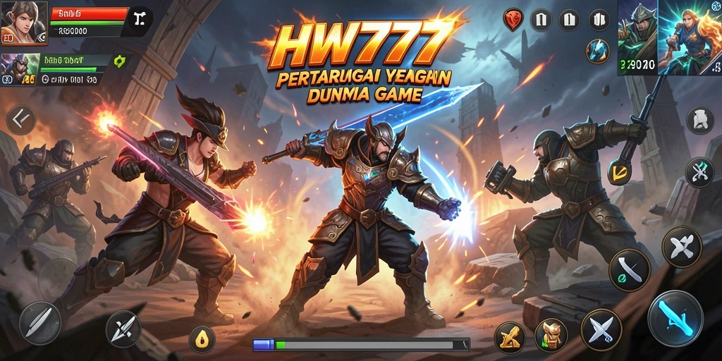 Tangkapan layar gameplay HW777 yang menunjukkan aksi pertarungan yang intens.