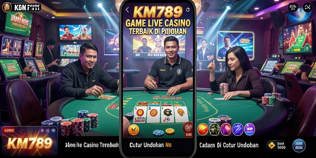 Screenshot permainan Live Casino KM789 menampilkan dealer profesional dan meja permainan.