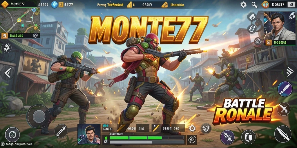 Screenshot utama MONTE77 dengan tampilan gameplay Battle Royale yang intens.