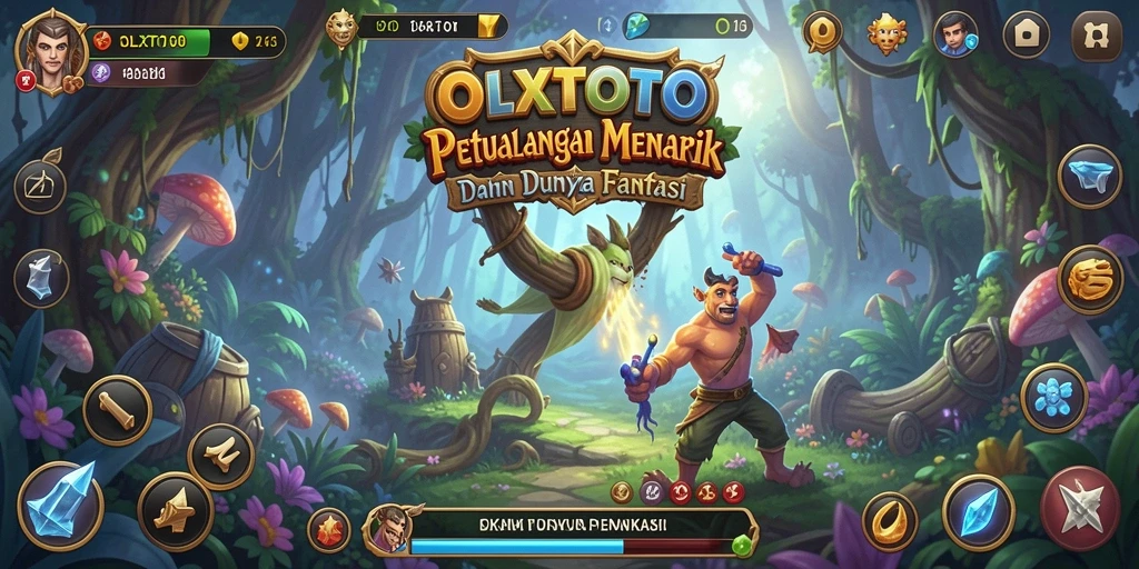 Screenshot gameplay OLXTOTO menunjukkan pertarungan epik dan dunia fantasi yang luas.