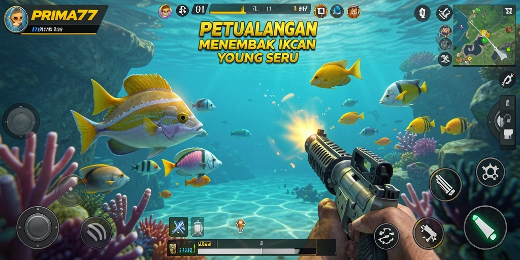 Screenshot gameplay PRIMA77 menampilkan aksi seru menembak ikan.