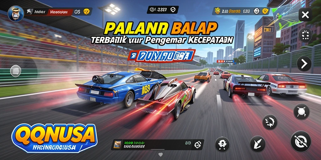 Tampilan gameplay QQNUSA dengan mobil balap yang kencang di lintasan.