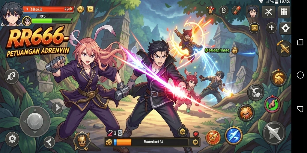 Tampilan utama gameplay RR666 yang menampilkan karakter anime beraksi.