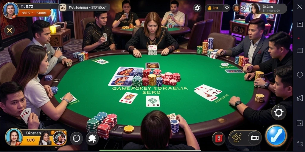 Screenshot menunjukkan gameplay poker yang seru dan interaktif.